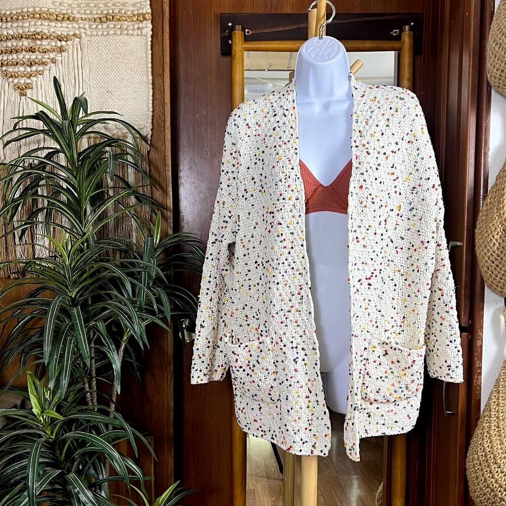 Confetti Chunky Knit Open Front Cardigan Oversized Sweater Funfetti Pockets M L